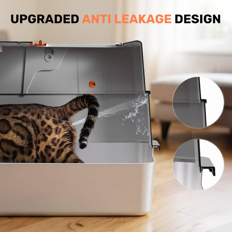 Stainless Steel Litter Box with Lid, Anti-Leakage Enclosed Metal Litter Box, Flip-Top Extra Large Kitty Litter Pan with Scoop & Pedal, Odor Free, Front & Top Dual Entry, Black