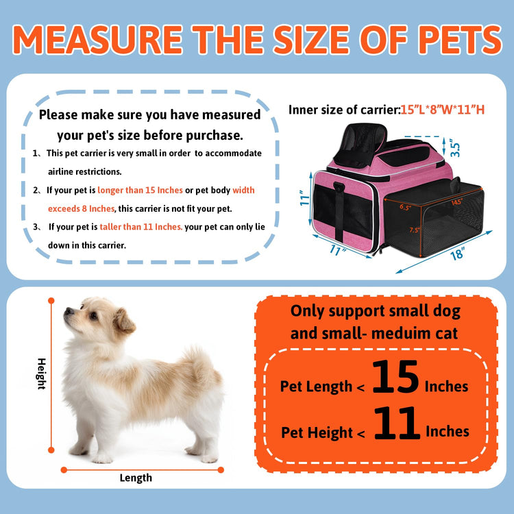 Petskd Top and Side Expandable Pet Carrier 18x11x11 Inches Delta United Airline Approved, Soft-Sided Carrier for Small Cats and Dogs with Locking Safety Zippers and Anti-Scratch Mesh(Black)