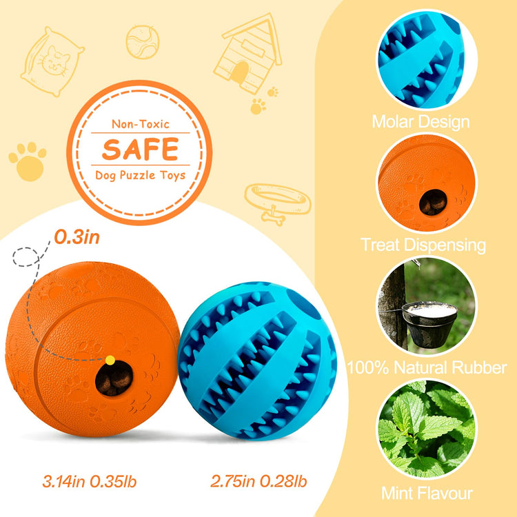 HIPPIH Dog Puzzle Toy 2 Pack, Interactive Dog Toys for Treat Dispensing, Durable Puppy Toys for Teething, Dog Treat Ball for Teeth/Slow Feeder/IQ Training/Playing, Blue-2.75‘’, Green-3.14‘’
