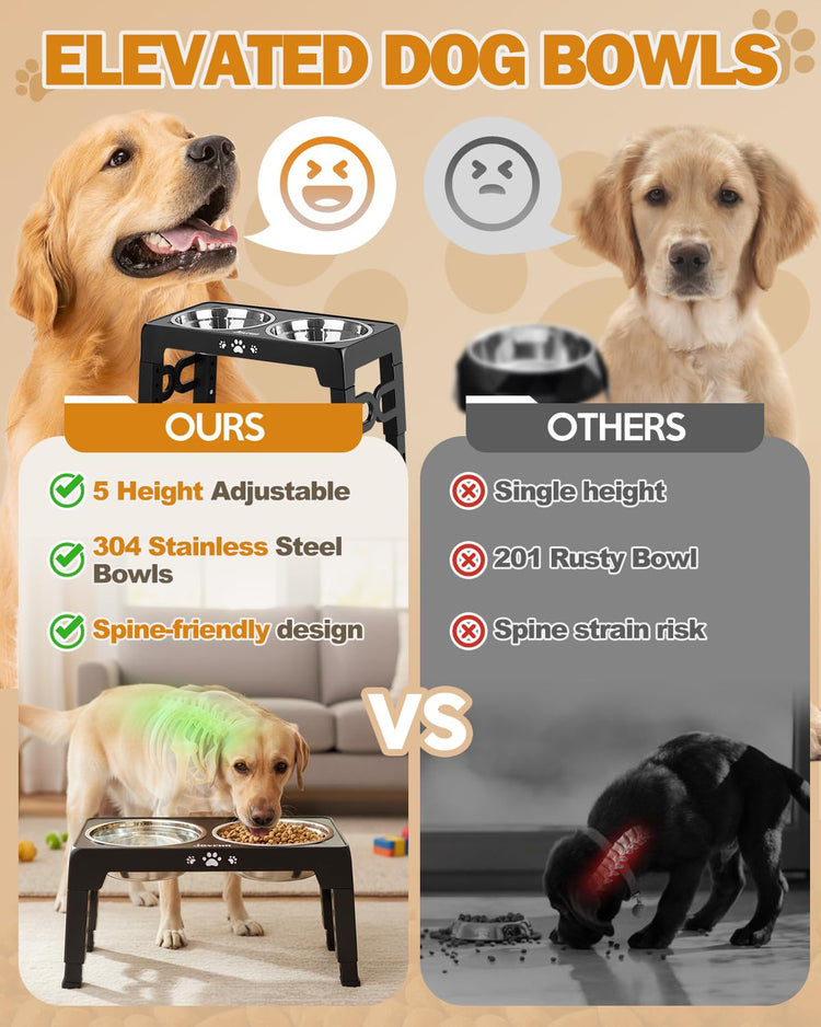 Jovrun Elevated Dog Bowls for Medium Large Size Dogs, Non-Slip Dog Feeder with 1*Stainless Steel Dishes & 1*Slow Feeder Bowl, 5 Heights Adjustable Raised Bowls to 3.15″-8.66″-9.84″-11.02″-12.2″