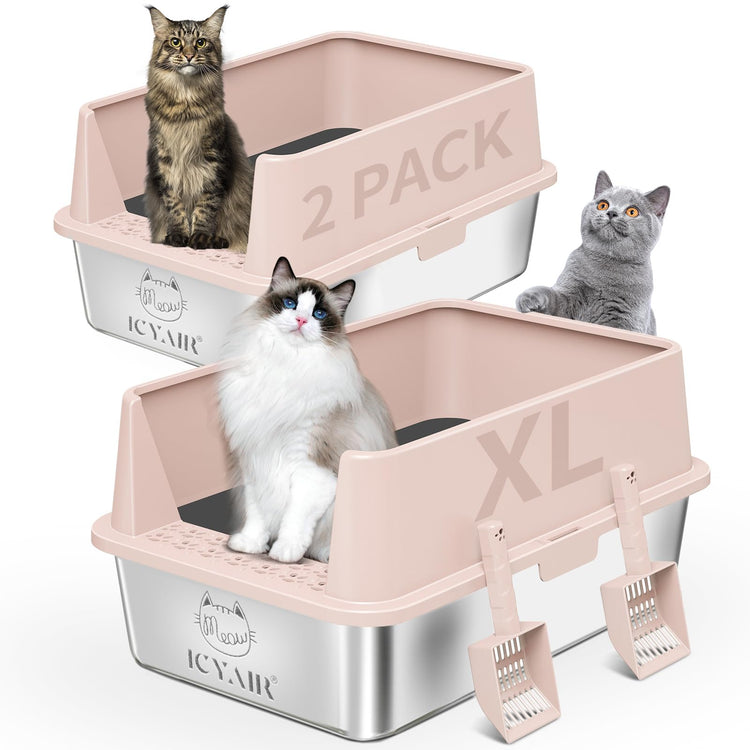 2PACK Stainless Steel Cat Litter Box with High Sides Lid, Extra Large XL Litter Box for Big Cats, Metal Kitty Litter Boxes with Anti-Leakage Enclosure,Non-Stick,Odorless,Scoop Included