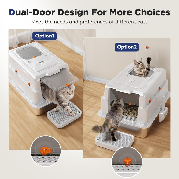 FURTIME Stainless Steel Litter Box with Lid, Large Enclosed Cat Litter Box for Big Cats, Metal Cat Box with High Sided Enclosure & Scoop, Front & Top Entry, Odor Free, Anti-Leakage, Grey