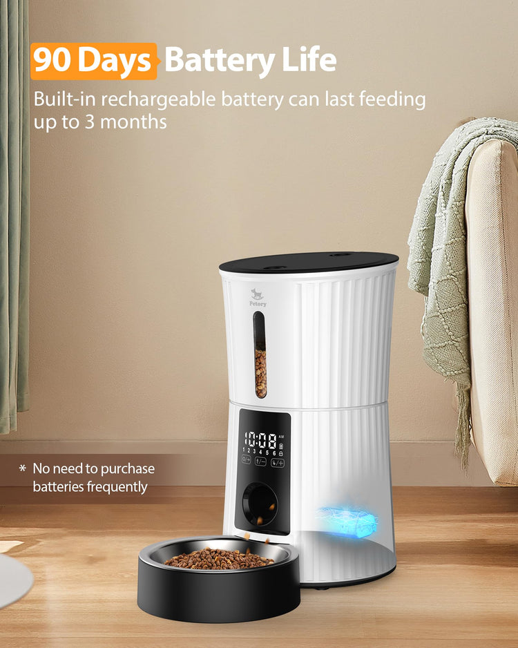 Petory Timed Automatic Cat Feeders - 4L Programable Dry Food Dispenser for Cats and Small Medium Dogs 6 Meals with Desiccant Bag Dual Power Supply 10S Voice Recorder
