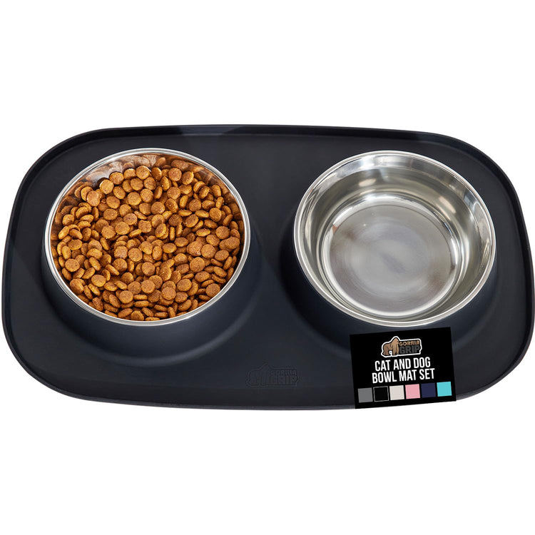GORILLA GRIP Feeding Mat Set, Patent Pending 100% Waterproof BPA Free Silicone, Stainless Steel Cat and Dog Bowls, Slip Resistant, 1 Black mat/tray with 2 stainless steel bowls