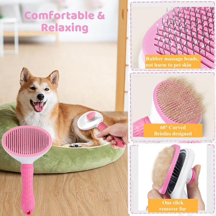 7pcs Pet Grooming Kit, Self-Cleaning Brush Shedding Kit with Nail Clipper, Flea Comb, Shampoo Bath Brush, Finger Toothbrush, Storage Bag (Blue)