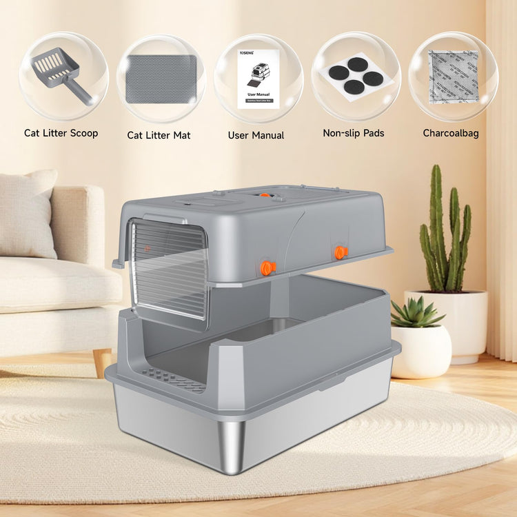 Stainless Steel Litter Box with Lid, High Sided Enclosed Metal Litter Box for Big Cats, Easy Cleaning Anti-Urine Leakage, Non-Sticky Cat Box, Front Entry Top Exit KittyBox, Includes Mat & Scoop