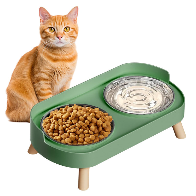 Elevated Cat Bowl, Raised Cat Food and Water Bowl Set for Indoor Cats, Splash Proof with 2 Stainless Steel Pet Food Bowls for Cats and Puppies, Whisker Fatigue and Dishwasher Safe - White