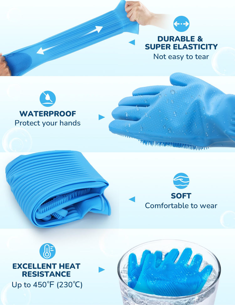 Pecute Pet Grooming Gloves - Heat Resistant Silicone Gloves with High-Density Teeth, Enhanced Five Finger Design for Bathing and Massaging Dogs and Cats, Blue