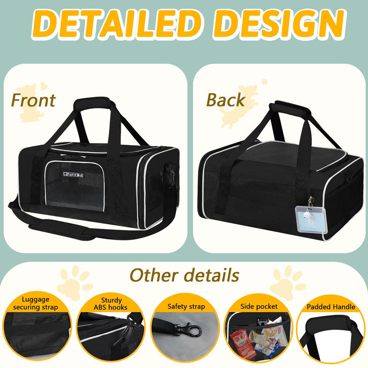 Petskd Pet Carrier 17x11x9.5 Alaska Airline Approved,Pet Travel Carrier Bag for Small Cats and Dogs, Soft Dog Carrier for 1-10 LBS Pets,Dog Cat Carrier with Safety Lock Zipper(Black)