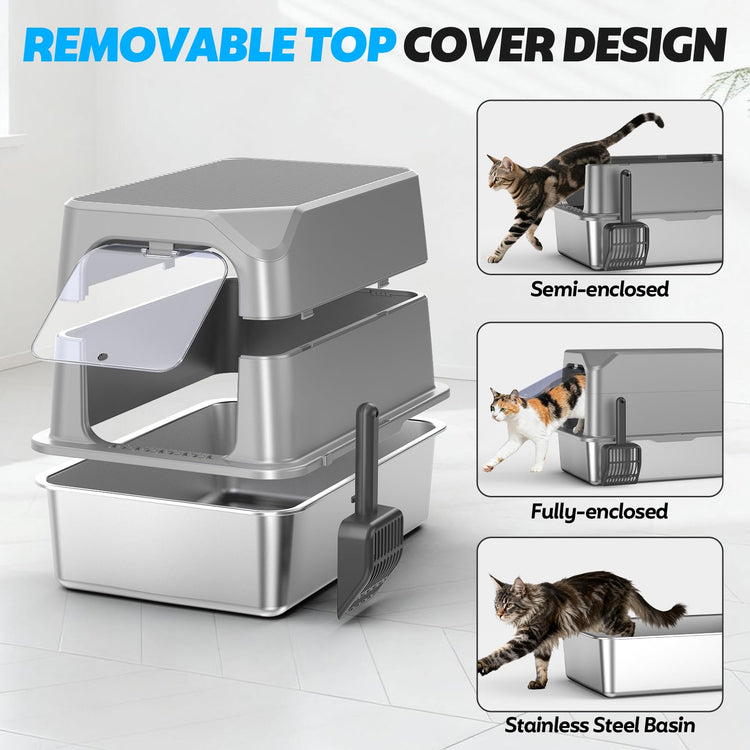WoofiGo Enclosed Stainless Steel Cat Litter Box with Lid, XL Extra Large Litter Box for Big Cats, Metal Litter Pan High Sided, Never Absorbs Odors, Anti-Urine Leakage, Easy Cleaning, Include Scoop