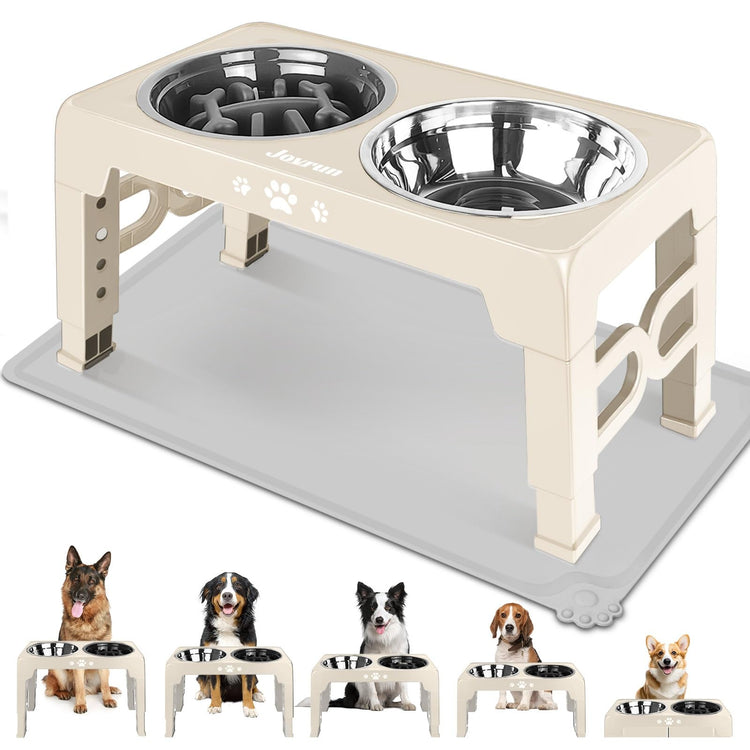 Jovrun Elevated Dog Bowls for Medium Large Size Dogs, Non-Slip Dog Feeder with 1*Stainless Steel Dishes & 1*Slow Feeder Bowl, 5 Heights Adjustable Raised Bowls to 3.15″-8.66″-9.84″-11.02″-12.2″