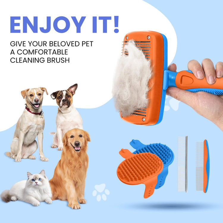 Self Cleaning Shedding Brush - 5-in-1 Professional Pet Grooming Kit Skin Friendly Grooming Tool for Dogs, Cats, and Puppies, Deshedding and Hair Removal for Long and Short Haired Pets, Blue