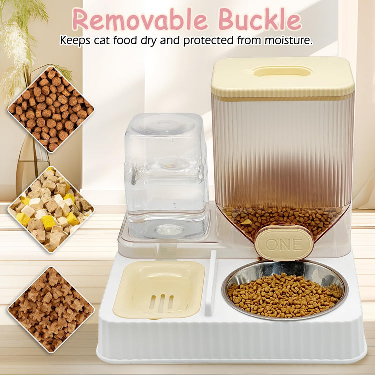 Fhiny Gravity Cat Feeder & Water Dispenser, 2 in 1 Automatic Puppy Waterer Removable Stainless Steel Food Bowls Set Self Feeding Pet Food Storage for Cat Kitten Puppy Easy Clean (White)