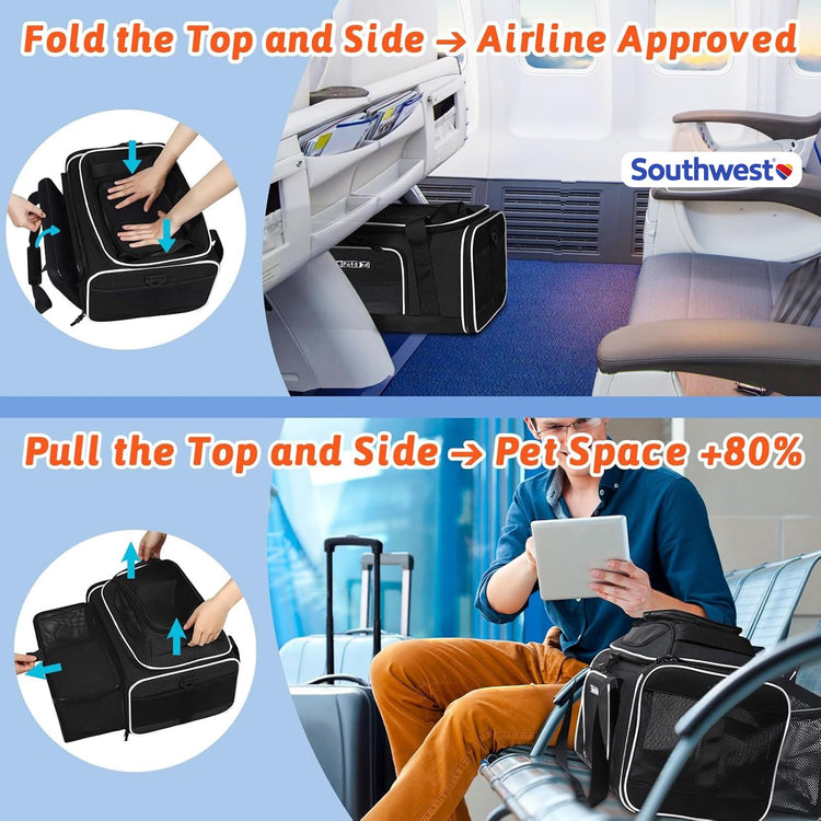 Petskd Top and Side Expandable Pet Carrier 18x11x11 Inches Delta United Airline Approved, Soft-Sided Carrier for Small Cats and Dogs with Locking Safety Zippers and Anti-Scratch Mesh(Black)
