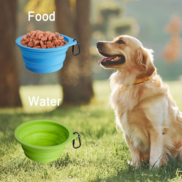 PetBonus 2-Pack Silicone Collapsible Dog Bowls, BPA Free Dishwasher Safe, Portable Foldable Expandable Travel Bowl, Food Water Feeding Cup Dish for Dogs Cats with 2 Carabiners (Turquoise, Tan)