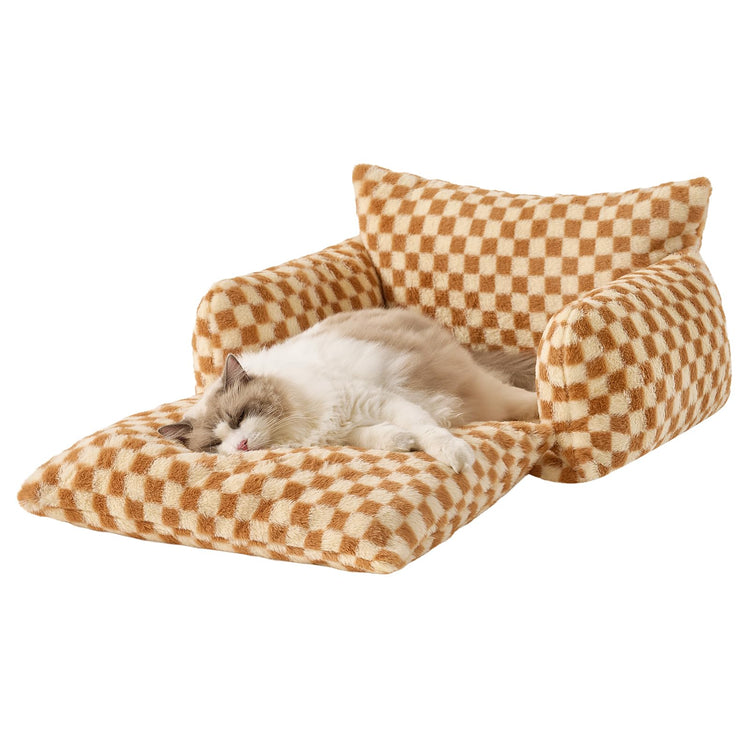 Hollypet Cat Bed Fluffy Plush Multifunctional Double-Layer Machine Washable Soft Warming Kitty Pet Couch Orthopedic Nest Beds for Small Cats Kitten and Dogs up to 13lbs, Khaki(25x20x13 inch)