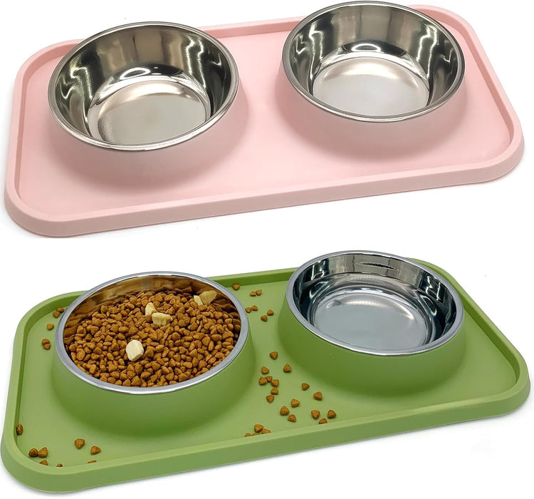 BNOSDM Double Dog Food Bowls Stainless Steel Dog Food and Water Bowls with Non-Spill Plastic Mat Pet Cat Feeder Bowl Set for Puppy Cats Kitten Small Medium Dogs Pink