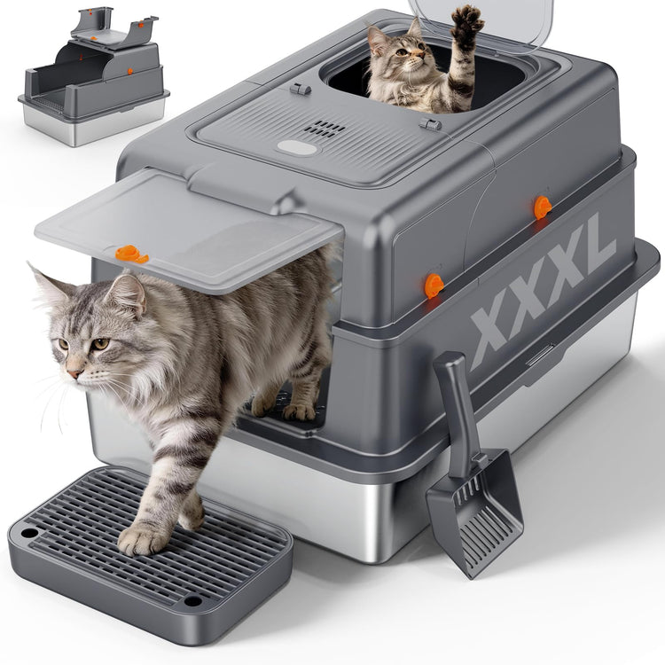 FURTIME Stainless Steel Litter Box with Lid, Large Enclosed Cat Litter Box for Big Cats, Metal Cat Box with High Sided Enclosure & Scoop, Front & Top Entry, Odor Free, Anti-Leakage, Grey