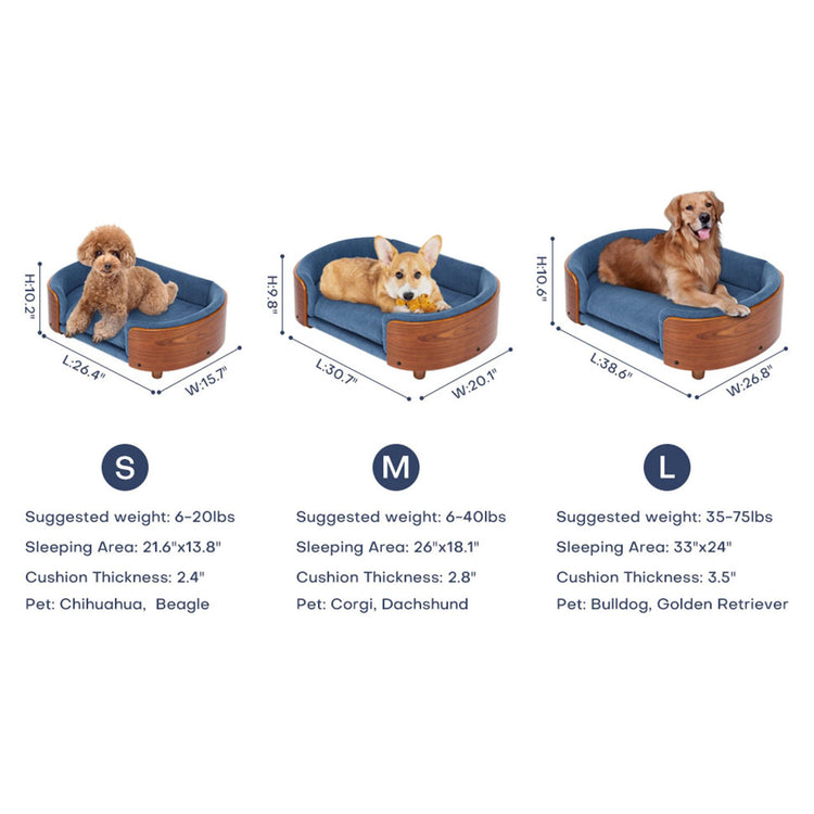 Elevated Dog Bed Pet Sofa with Solid Wood Legs and Bent Soft Backrest, Pet Cat Stool Bed with Velvet Cushion,for Small and Medium Size Dogs Kitten, Dark Gray, Small Size