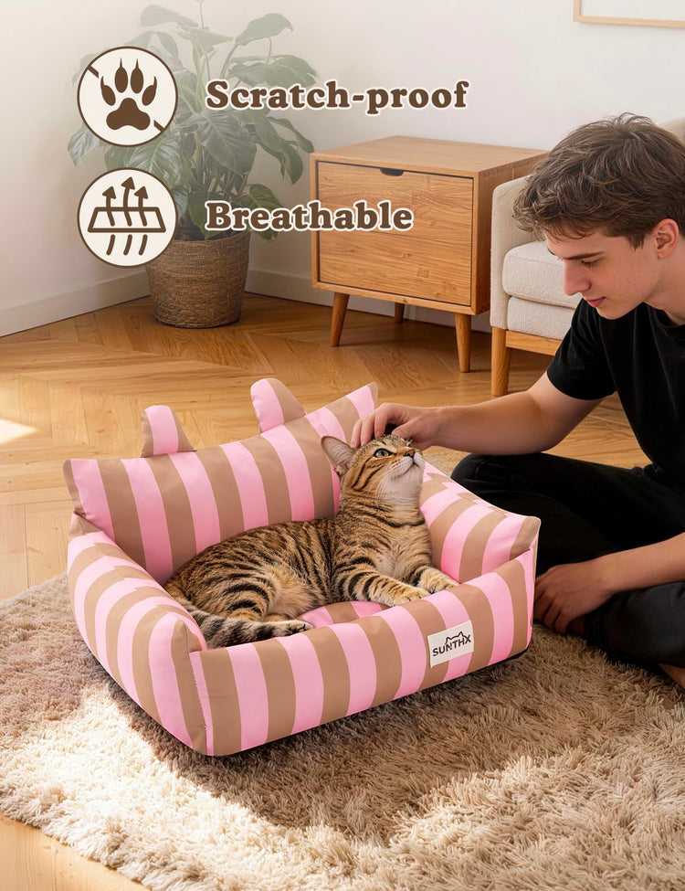 Cat Couch, Reversible Pet Bed for Indoor Cats – 2-Sided Cat Sofa with Oxford Fabric and Plush Fleece, Washable Small Dog Couch for Puppies and Senior Pets, Non-Slip Bottom, 28 inch, Pink Brown