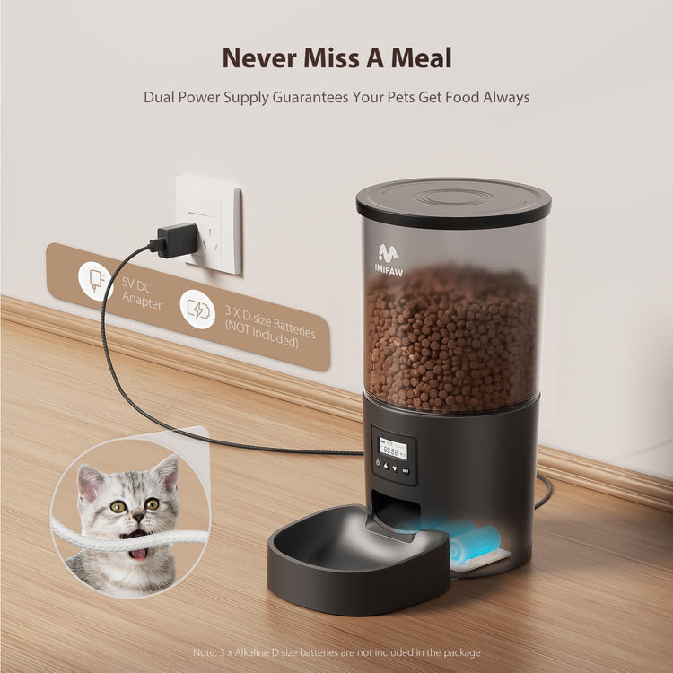 IMIPAW Automatic Cat Feeders, Timed Cat Dry Food Dispenser with Desiccant Bag, Dual Power Supply, Programmable Portion Size, 6 Meals, 20 Portions Per Day, Auto Pet Feeder for Cats and Small Dog, White
