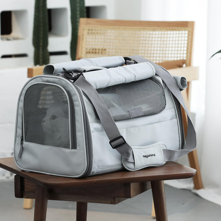 FUKUMARU Cat Carrier, Soft-Sided Small Dog Carrier, Large Cat Travel Bag with 4 Mesh Windows, Under 15 lb Airline Approved Pet Carrier with 4 Storage Pockets, Rollable Cover for Nervous Cats, Grey