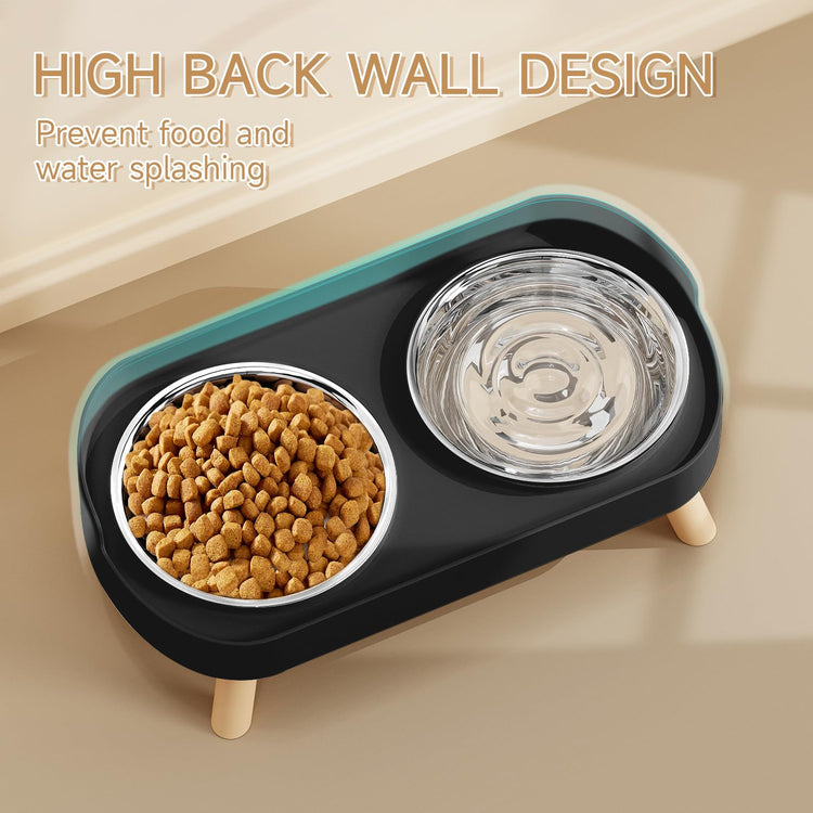 Elevated Cat Bowl, Raised Cat Food and Water Bowl Set for Indoor Cats, Splash Proof with 2 Stainless Steel Pet Food Bowls for Cats and Puppies, Whisker Fatigue and Dishwasher Safe - White