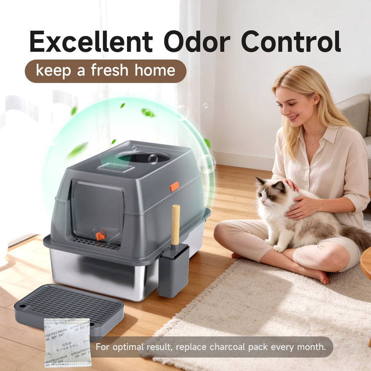 Extra Large Stainless Steel Litter Box with Lid, High Sided Enclosed Metal Cat Litter Pan, Dog Proof Front Entry Top Exit, Odor Control Easy Clean Leak Proof, Includes Scoop & Step, Black