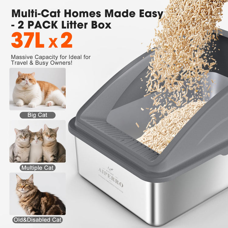 2 Pack Stainless Steel Litter Box for Kitty | Metal Kitty Litter Box with Lid High Sided for Small Cats or Injured Cats, Bunny Litter Boxes, Low Entry, Odor-Free, Non-Stick,Includes Scoop