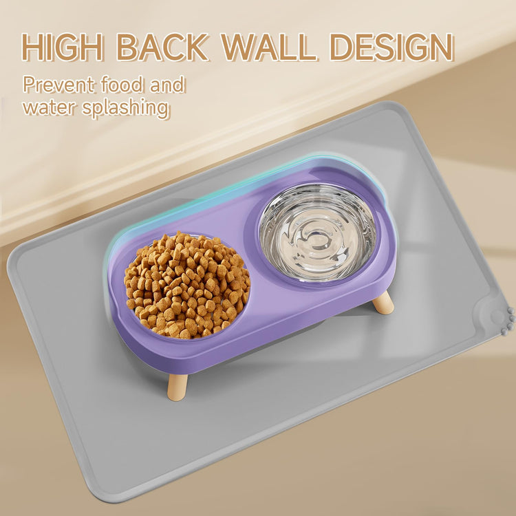 Elevated Cat Bowl, Raised Cat Food and Water Bowl Set for Indoor Cats, Splash Proof with 2 Stainless Steel Pet Food Bowls for Cats and Puppies, Whisker Fatigue and Dishwasher Safe - White
