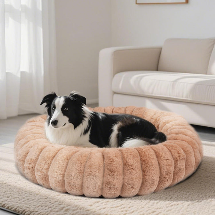 Donut Dog and Cat Bed, Luxurious Comfortable Faux Rabbit Fur Pet Beds, Round Anti-Anxiety Calming Puppy Kitten Bed with Anti-Slip Bottom for Small Medium Dogs & Cats(28", White)