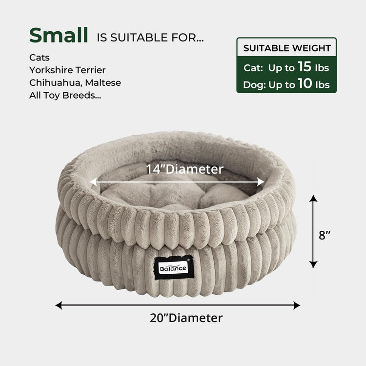 BALANCE Cat Bed Kitten Bed, Washable Round Cat Beds for Indoor Cats, Super Soft Plush Faux Fur Pet Bed for Puppy and Kitten with Anti-Slip Bottom