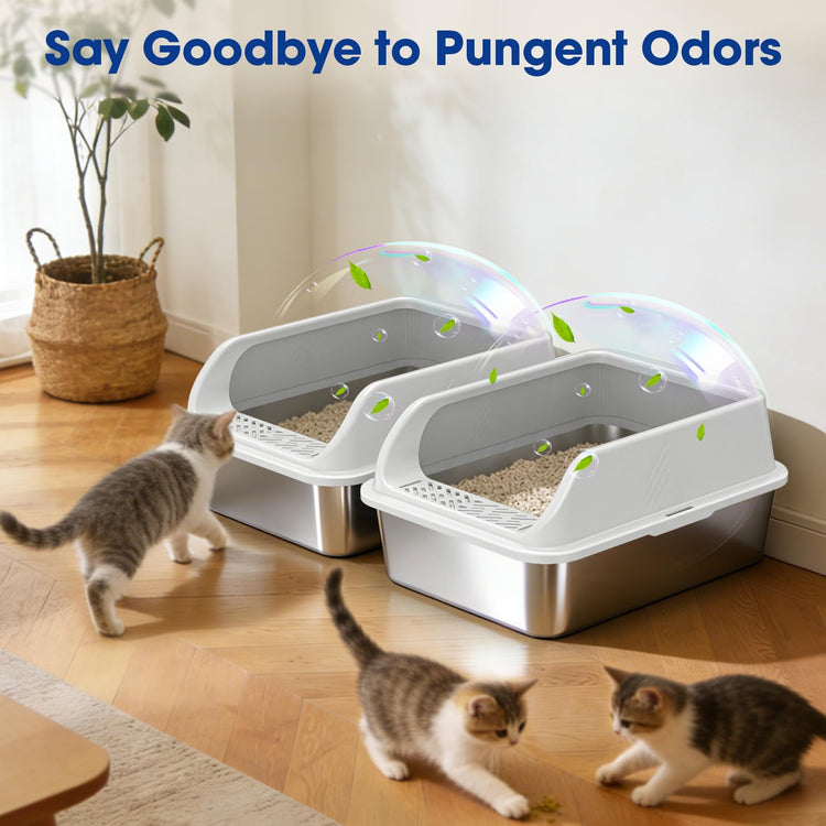 2 Pack XL Stainless Steel Litter Box, Metal Cat Litter Boxes with Lid, High Sided Enclosed Litter Boxes for Big Cat and Multiple Cats, Anti-Urine Leakage | Non-Stick Bottom & Includes Scoop