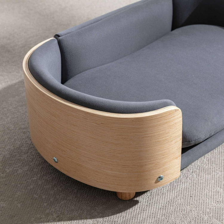 Velvet Dog Bed Pet Sofa with Solid Wood Legs and Bent Wood Back, Stain-Resistant Cushion in Multiple Colors - Luxury Pet Furniture for Cats and Dogs, Dark Grey