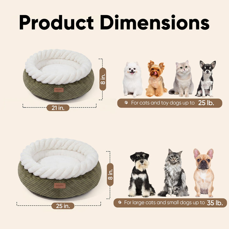 FUKUMARU Cat Bed, Calming Donut Dog Beds, Plush Faux Fur&Corduroy Kitten Beds, Cute Round Washable Pet Bed for Large Cats and Puppy, Cat Cave with Anti-Slip Bottom, 21inch, Camel