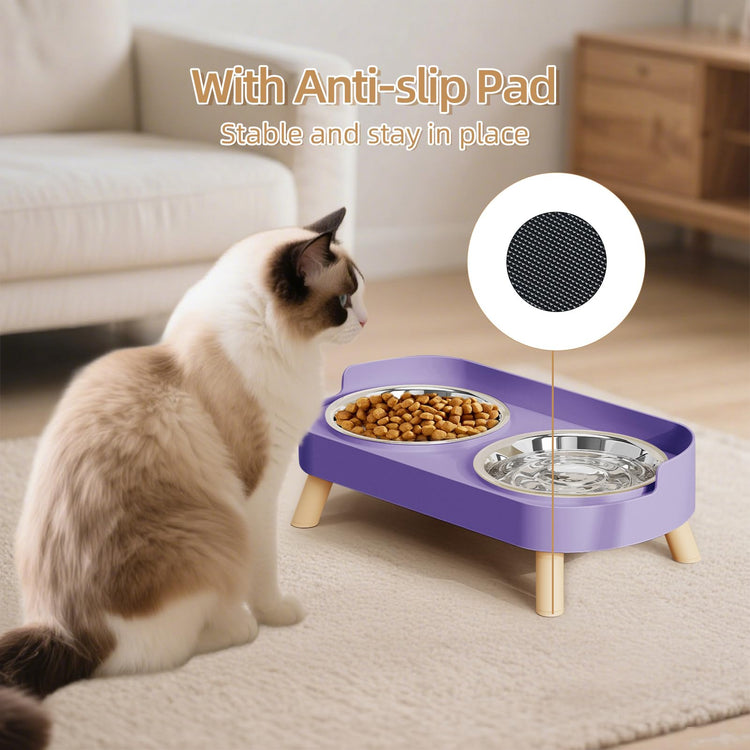 Elevated Cat Bowl, Raised Cat Food and Water Bowl Set for Indoor Cats, Splash Proof with 2 Stainless Steel Pet Food Bowls for Cats and Puppies, Whisker Fatigue and Dishwasher Safe - White