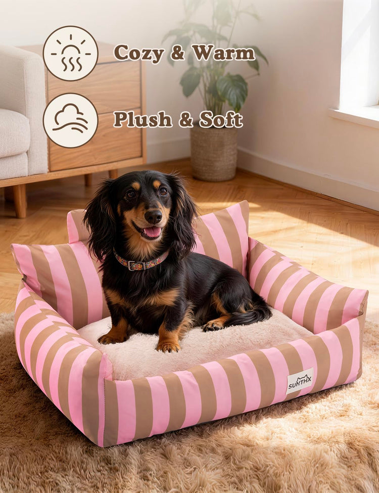 Cat Couch, Reversible Pet Bed for Indoor Cats – 2-Sided Cat Sofa with Oxford Fabric and Plush Fleece, Washable Small Dog Couch for Puppies and Senior Pets, Non-Slip Bottom, 28 inch, Pink Brown