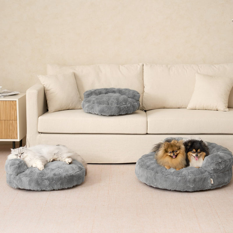 EHEYCIGA Soft Cat Couch Bed for Indoor Cats, Fluffy Small Dog Bed with Removable Washable Cover, Bolster Pet Sofa, Waterproof and Non-Slip, 23" x 23"x 7", Cream