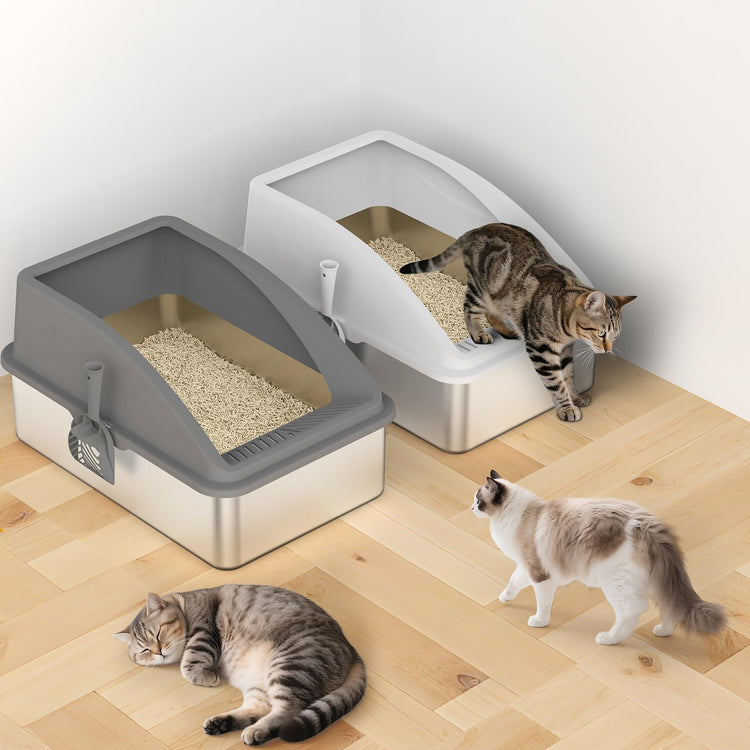 2 Pack Stainless Steel Litter Box for Kitty | Metal Kitty Litter Box with Lid High Sided for Small Cats or Injured Cats, Bunny Litter Boxes, Low Entry, Odor-Free, Non-Stick,Includes Scoop