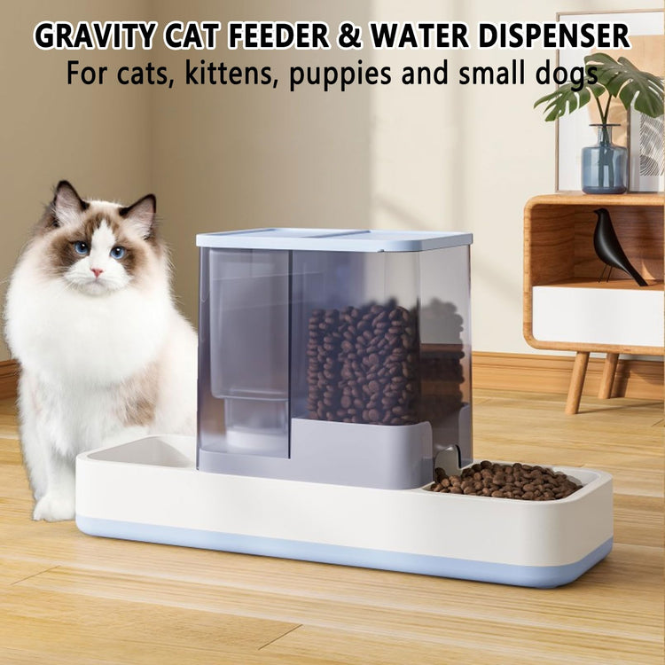 kathson Gravity Cat Food and Water Dispenser Automatic Dog Feeder Waterer 2 in 1 Auto Pet Food and Water Bowl Set Self Feeding for Puppy Kitten，Blue