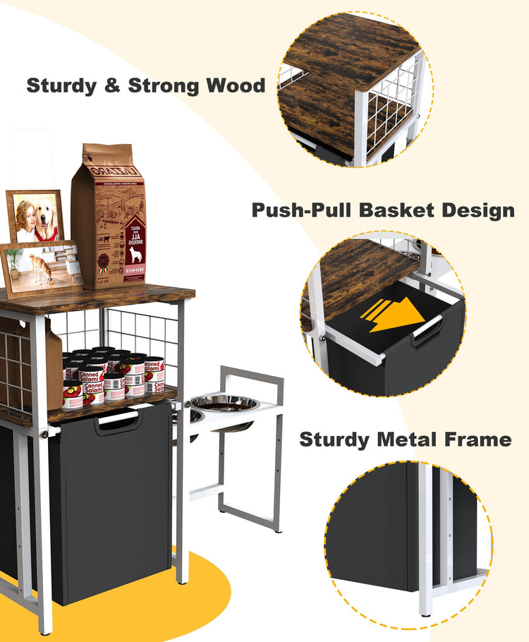 30.6Long x 26.2 High Elevated Dog Bowl Stand with Pet Food Storage Organizer, Adjustable Raised Feeding Station with Toy Basket for Large Medium Small Dogs and Cats, Black