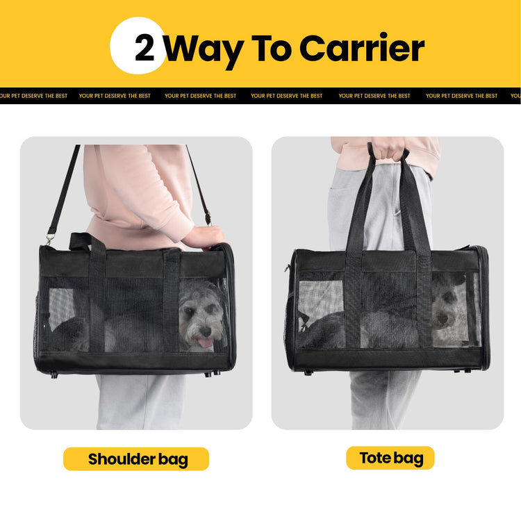 Conlun Cat Carrier Airline Approved, Soft-Sided Dog Carrier with Inner Safety Leash, Pet Transport Carrier for Small-Medium Cats Puppies up to 15 Lbs, Collapsible Travel Kitten Carrier Bag -BlackM