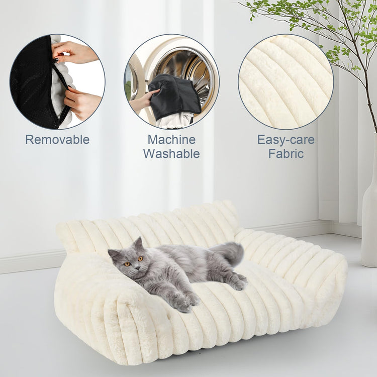 Cute Cat Couch Bed for Indoor Cats, Fluffy Pet Cat Sofa with Premium Soft Corduroy Fleece, Cute Small Dog Beds for Small Dogs, Fuzzy Puppy Chair with Removable Washable Cover (24x18x10,Grey)
