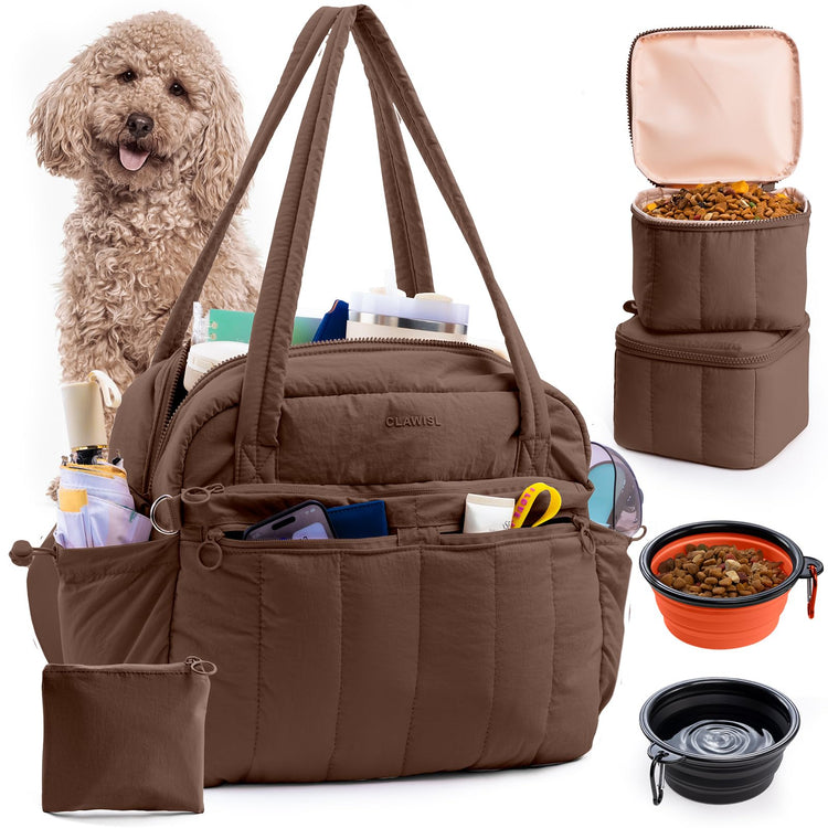 Dog Travel Bag for Supplies, Airline Approved Pet Travel Organizer with 2 Food Containers & Collapsible Bowls, Large Capacity Dogs Tote Bag for Weekend, Stylish Dog Mom Gift for Pet Lovers