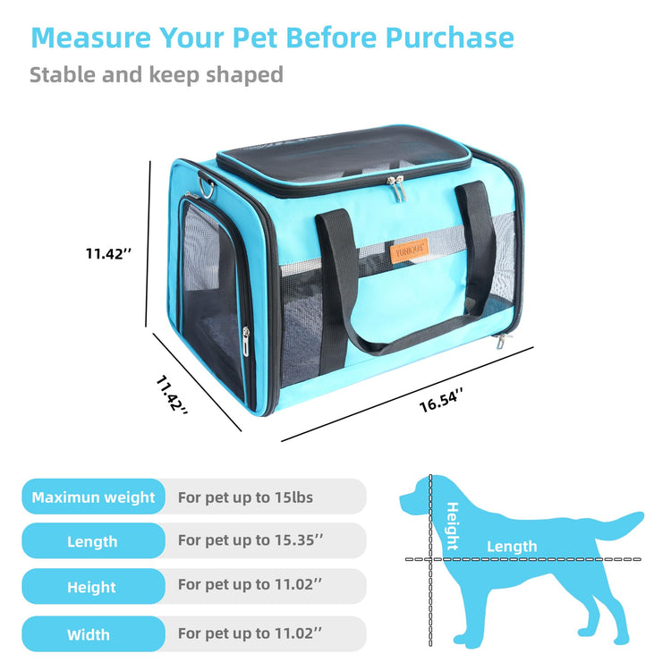 YUNIQUE Soft-Sided Cat & Dog Carrier for Pets Up to 15 Lbs, Airline Approved Collapsible Travel Puppy Carrier with Lightweight Fabric Design (Grey)