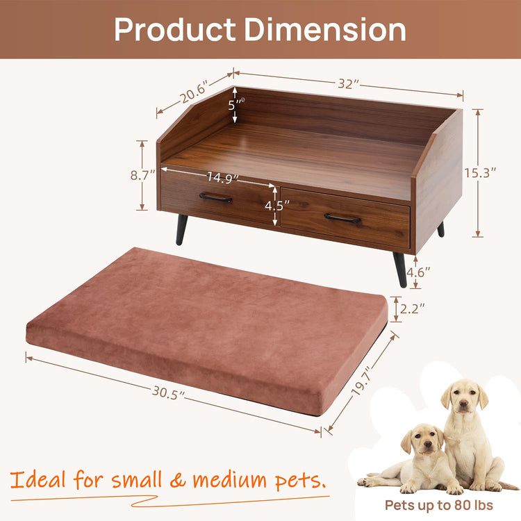 Elevated Dog Beds Frame with Mattress, Raised Wood Pet Bed Sofa Indoor for Large Medium Small Dogs Cats (Brown)
