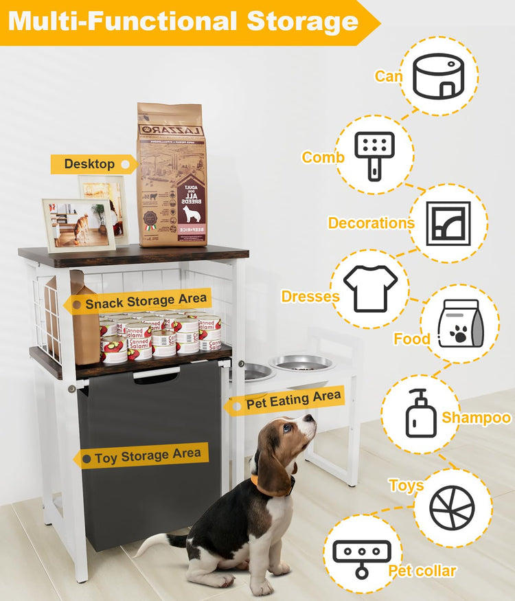 30.6Long x 26.2 High Elevated Dog Bowl Stand with Pet Food Storage Organizer, Adjustable Raised Feeding Station with Toy Basket for Large Medium Small Dogs and Cats, Black