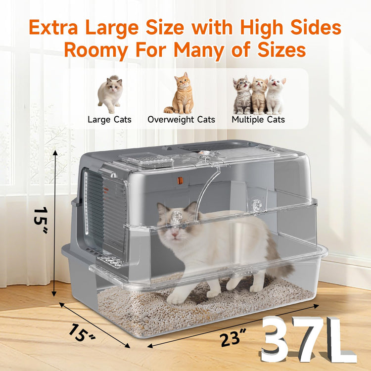 Stainless Steel Litter Box with Lid, High Sided Enclosed Metal Litter Box for Big Cats, Easy Cleaning Anti-Urine Leakage, Non-Sticky Cat Box, Front Entry Top Exit KittyBox, Includes Mat & Scoop