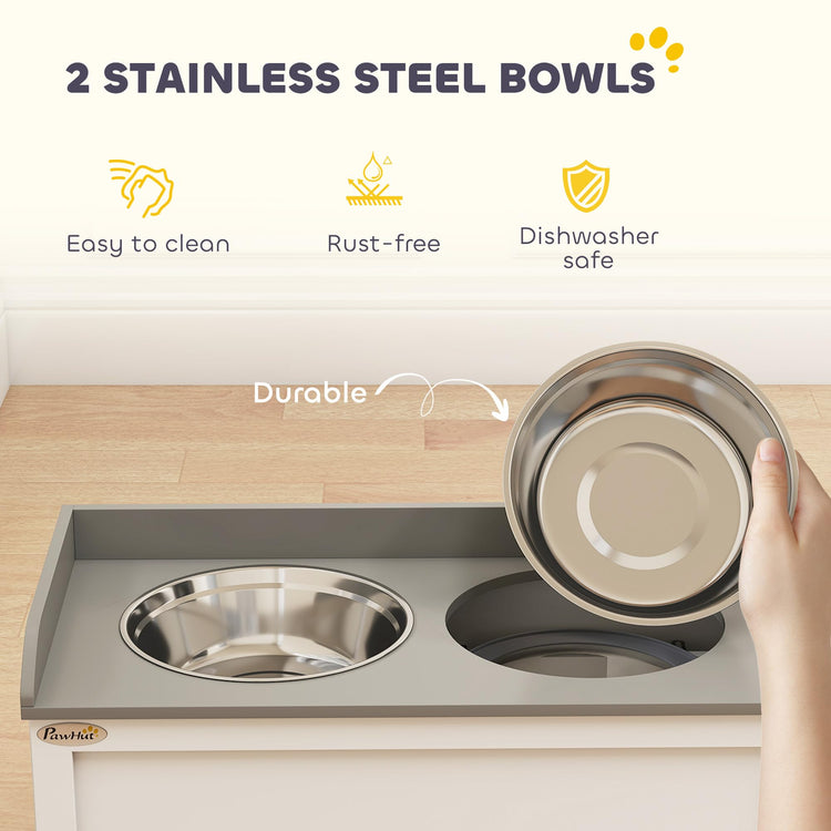 PawHut Dog Feeding Station with Storage Drawer, Dog Food Storage Cabinet with 2 Removable Elevated Pet Bowls for Large Sized Dogs, Coffee