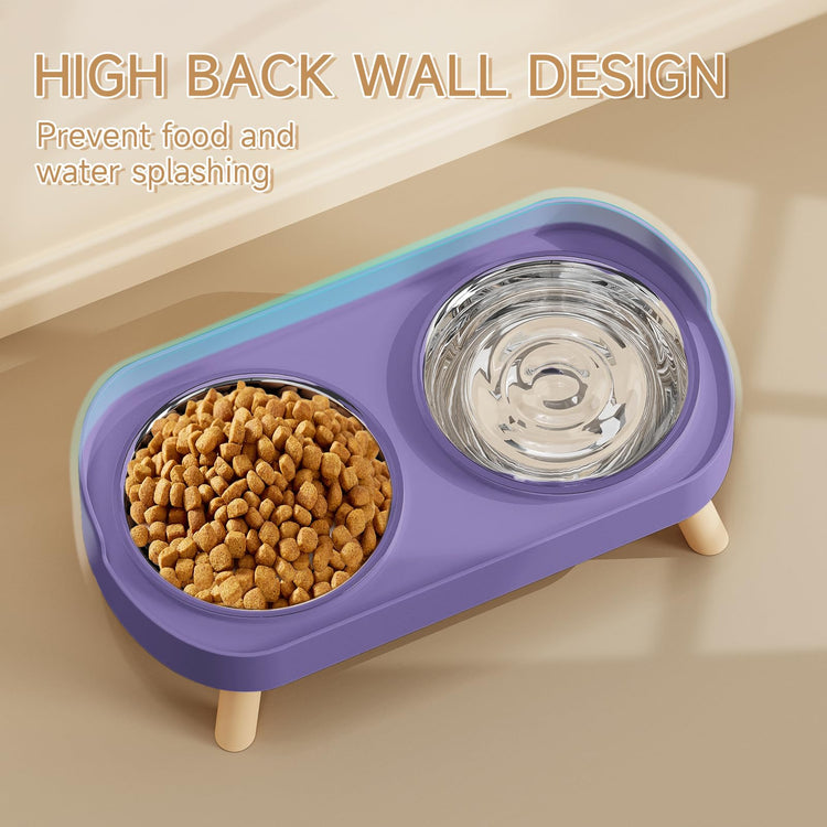 Elevated Cat Bowl, Raised Cat Food and Water Bowl Set for Indoor Cats, Splash Proof with 2 Stainless Steel Pet Food Bowls for Cats and Puppies, Whisker Fatigue and Dishwasher Safe - White